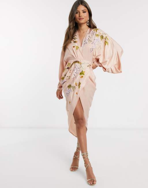 Asos design satin kimono midi dress clearance with knot front and asymmetric sleeve