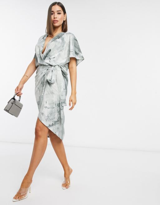 ASOS DESIGN satin kimono wrap midi dress in abstract print