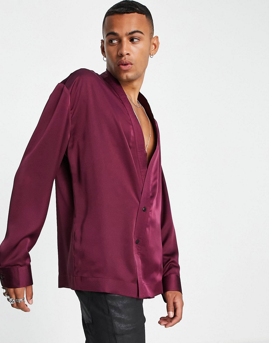 ASOS DESIGN satin kimono wrap shirt in plum-Purple