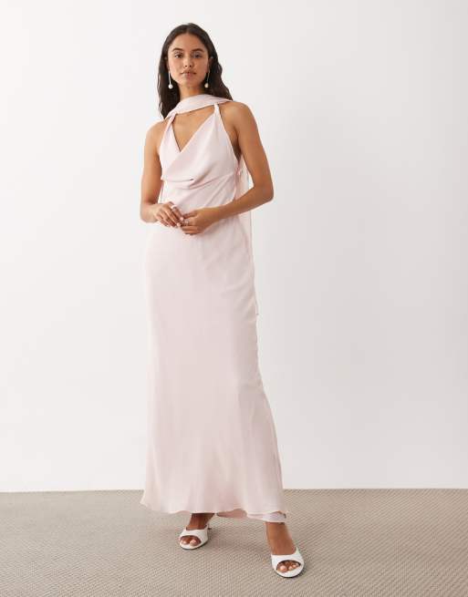 ASOS DESIGN Satin-Kleid mit Wasserfallausschnitt und Schal-Detail in Babyrosa, 2 von 4