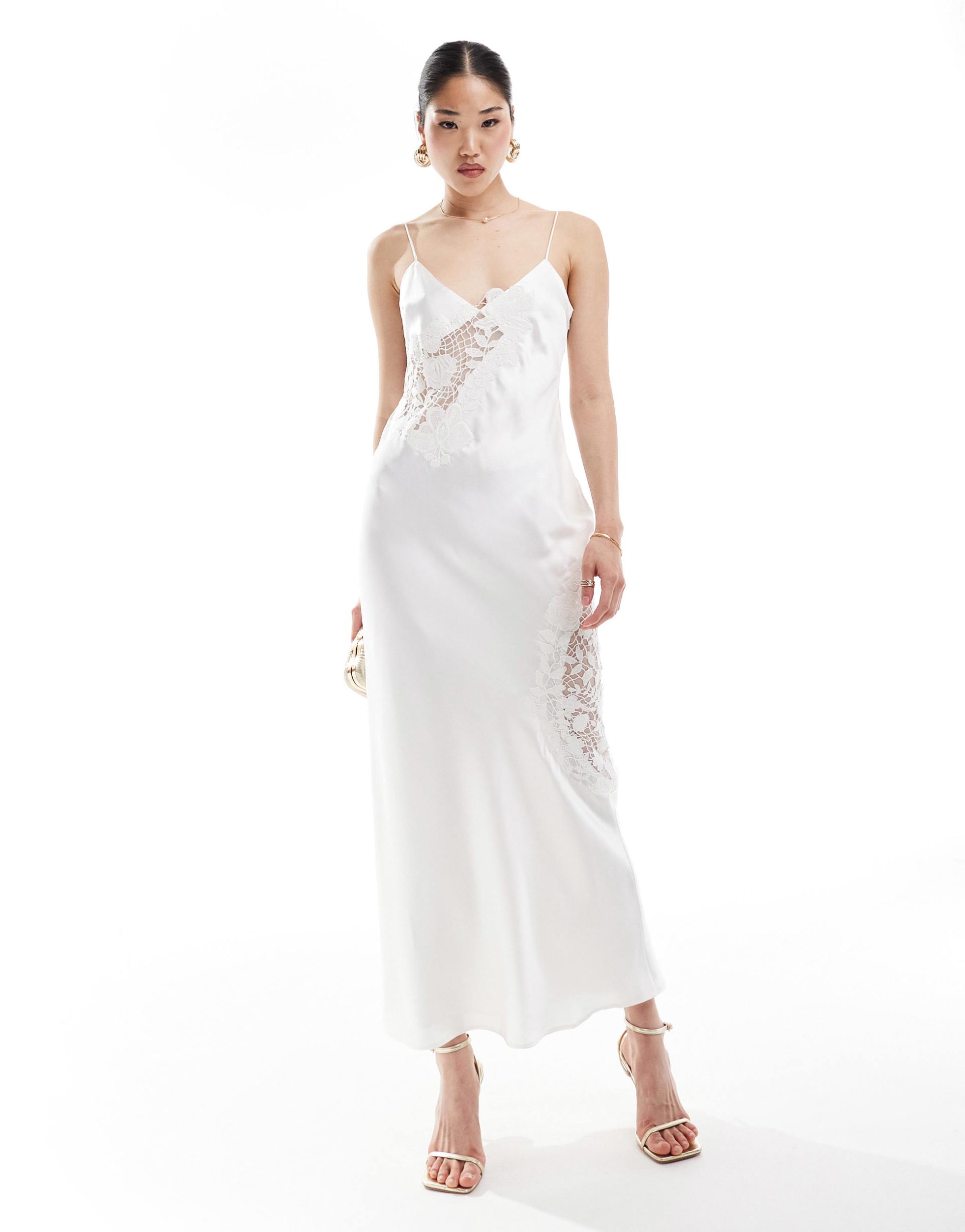 asos design satin lace applique cami strap midi dress in ivory