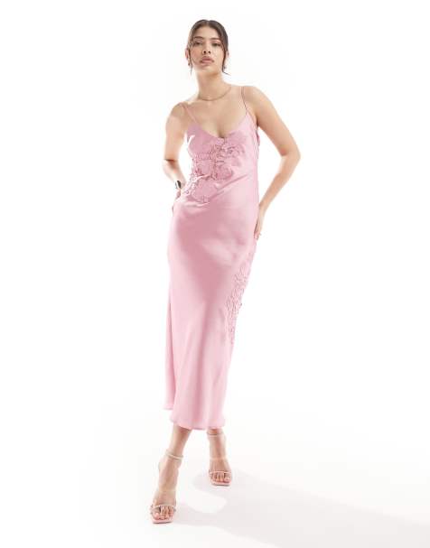 ASOS DESIGN satin lace applique cami strap midi dress in pink - view 1