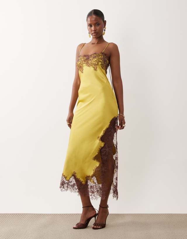 ASOS DESIGN satin lace applique midi dress in bright olive green | ASOS