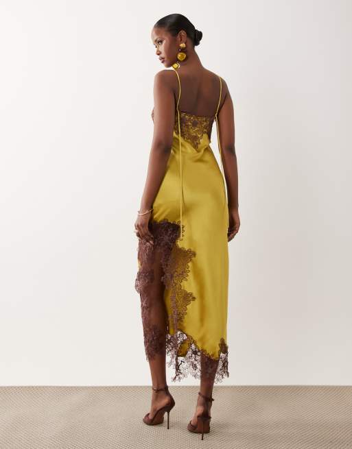 ASOS DESIGN satin lace applique midi dress in bright olive green, 3 of 4