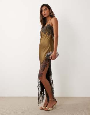 Asos Design Satin Lace Applique Midi Dress In Brown