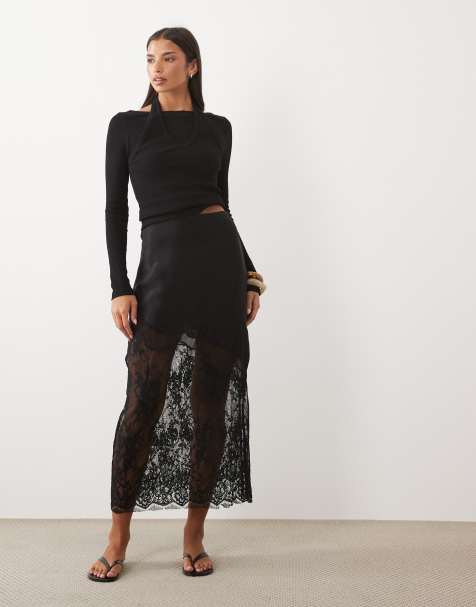 ASOS DESIGN satin lace hem maxi skirt in black - view 1