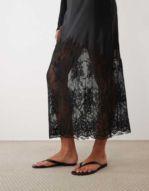 ASOS DESIGN satin lace hem maxi skirt in black, 4 of 5