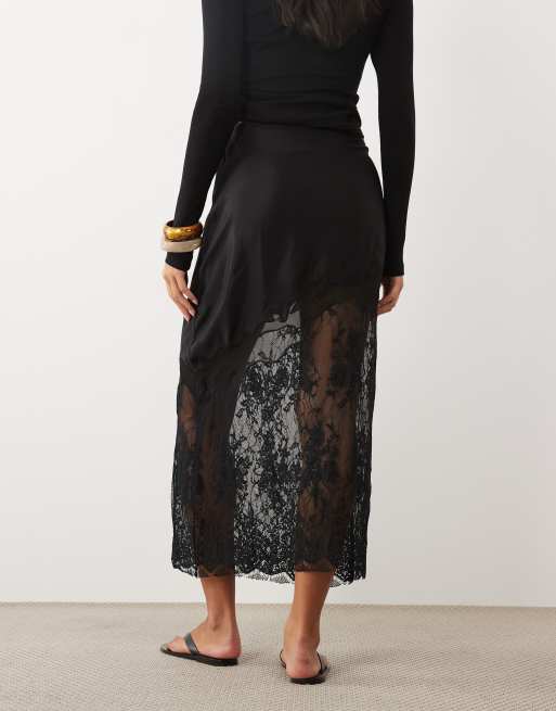 ASOS DESIGN satin lace hem maxi skirt in black, 5 of 5