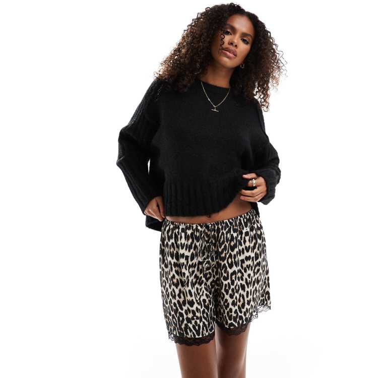 ASOS DESIGN satin lace hem shorts in leopard print | ASOS 