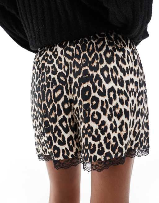 ASOS DESIGN satin lace hem shorts in leopard print | ASOS 
