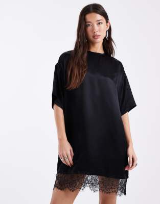 Asos Design Satin Lace Hem T Shirt Dress In Black