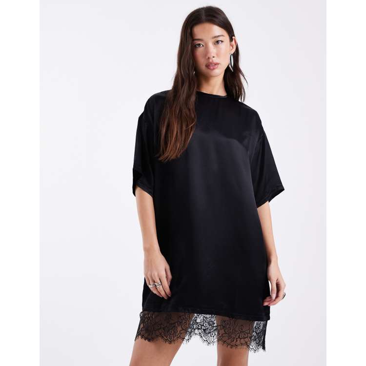 ASOS DESIGN satin lace hem t-shirt dress in black | ASOS