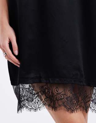 Asos Design Satin Lace Hem T Shirt Dress In Black