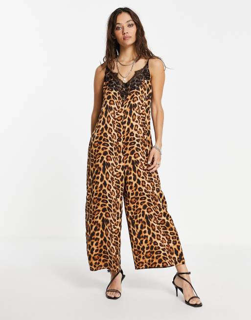 ASOS DESIGN satin lace insert cami culotte jumpsuit in leopard