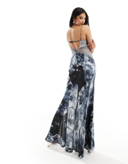 ASOS DESIGN satin lace insert keyhole maxi dress in navy floral