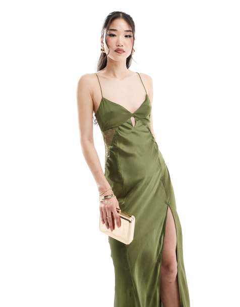 ASOS DESIGN satin lace insert keyhole midaxi dress in khaki - view 1