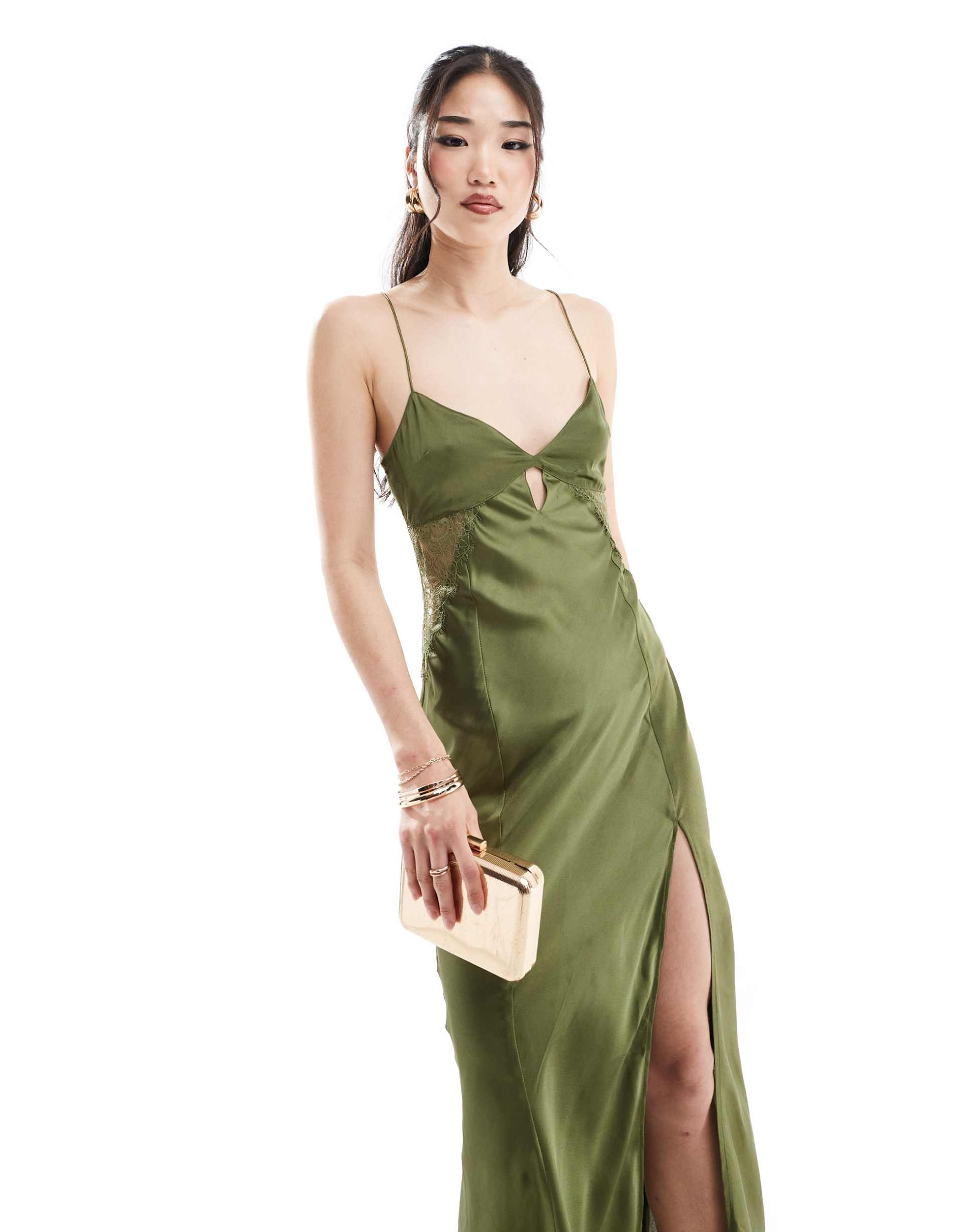 asos design satin lace insert keyhole midaxi dress in khaki