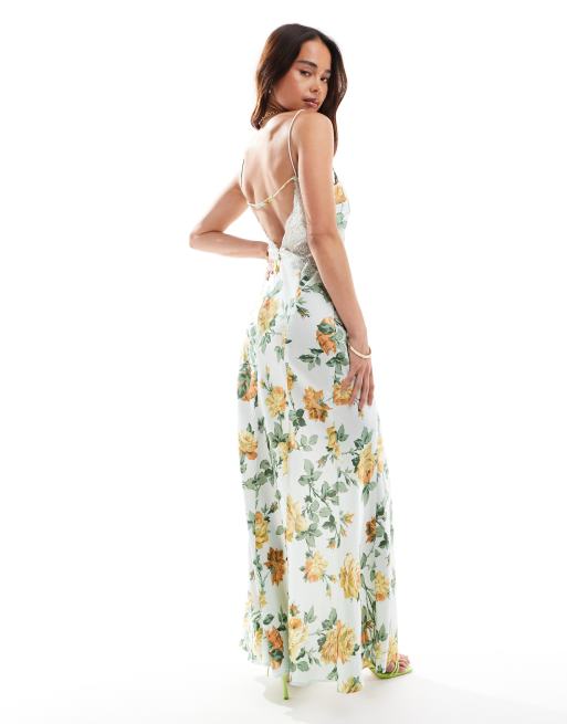 ASOS DESIGN satin lace insert keyhole midaxi dress in mint floral print, 4 of 4