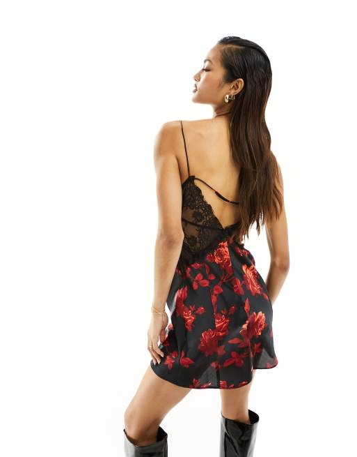 asos black and red floral dress Black And Red Floral Print Ruched Side Strappy Midi Dress  AX Paris