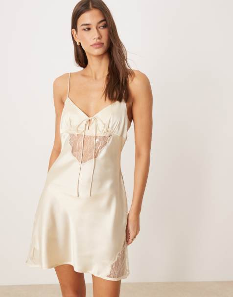 ASOS DESIGN satin & lace mini nighty dress in ivory - view 1