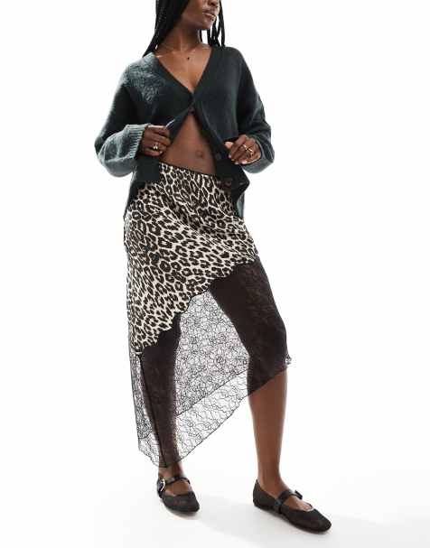 ASOS DESIGN satin lace mix asym maxi skirt in leopard print - view 1
