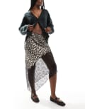 [ASOS DESIGN] ASOS DESIGN satin lace mix asymmetric maxi skirt in leopard print-Multi S Leopard Print