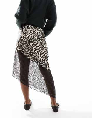 Asos Design Satin Lace Mix Asymmetric Maxi Skirt In Multi