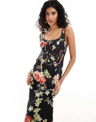 Asos Design Satin/lace Mix Boned Corset Midi Dress In Multi