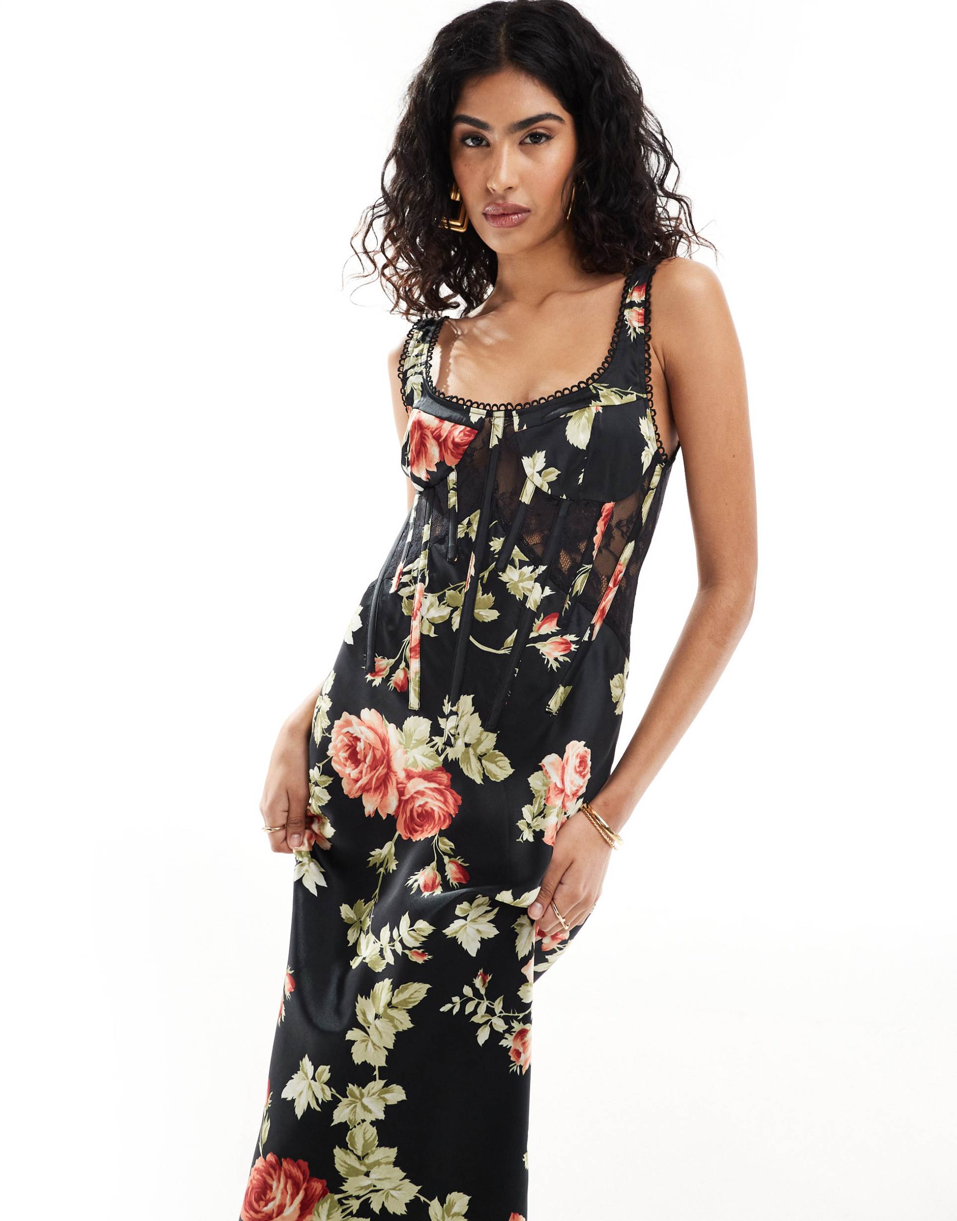 asos design satin/lace mix boned corset midi dress in black floral print