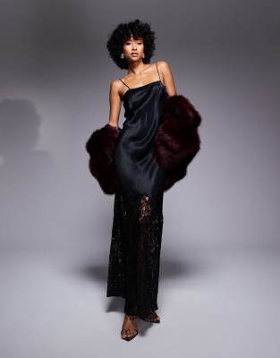 Asos Design Satin/lace Mix Maxi Dress In Black