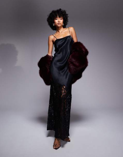 ASOS DESIGN satin lace mix maxi dress in black