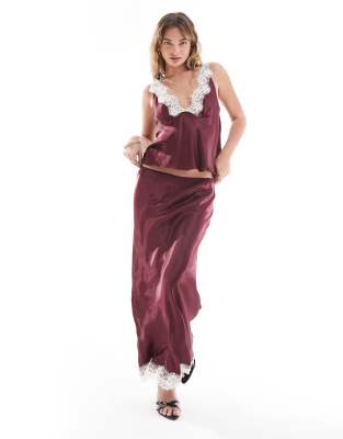 Asos Design Satin Lace Mix Maxi Skirt In Red