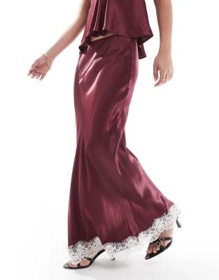 Asos Design Satin Lace Mix Maxi Skirt In Red