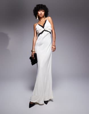 Asos Design Satin Lace Mix Twist Front Maxi Dress In Ecru-white