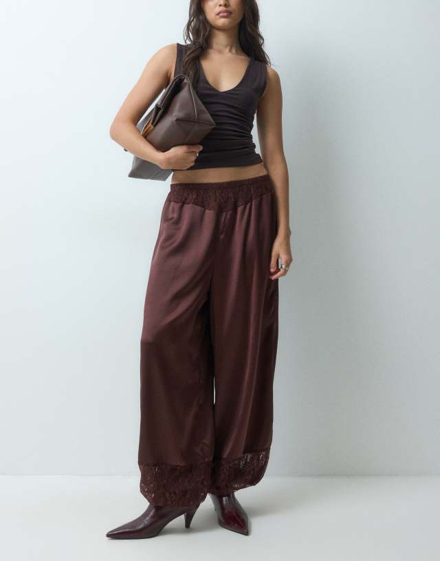 ASOS DESIGN satin lace panel balloon pants in chocolate - part of a set