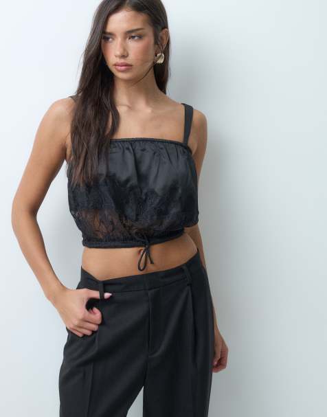 ASOS DESIGN satin lace panel cropped cami with tie waist detail in black
