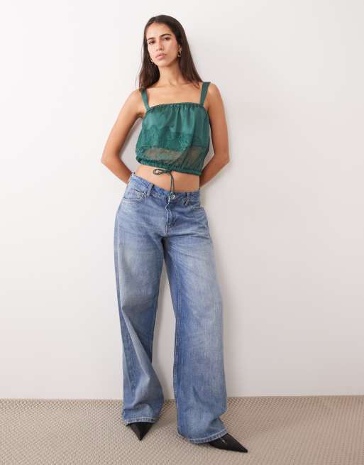 ASOS DESIGN satin lace panel cropped cami with tie waist detail in teal, 3 of 4