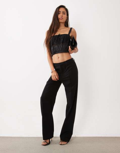 ASOS DESIGN satin lace panel cropped shirred cami top with tie bust in black - view 1