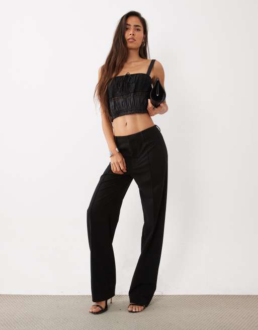 ASOS DESIGN satin lace panel cropped shirred cami with tie bust in black, 2 of 4