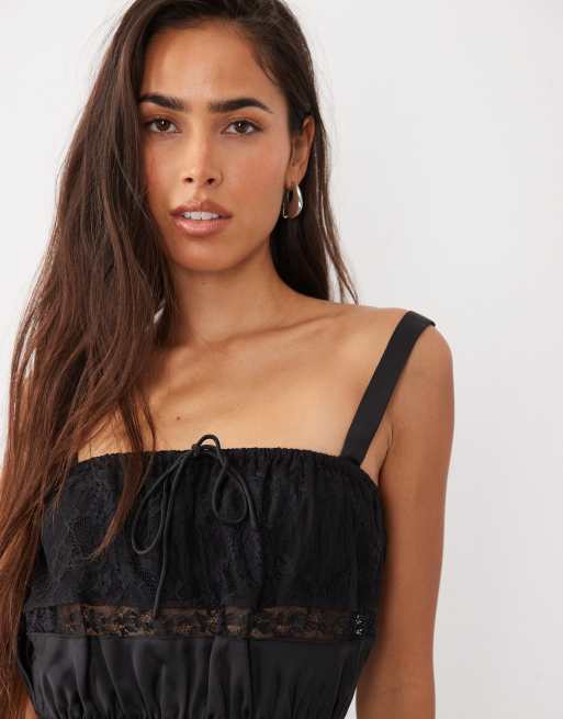 ASOS DESIGN satin lace panel cropped shirred cami with tie bust in black, 3 of 4