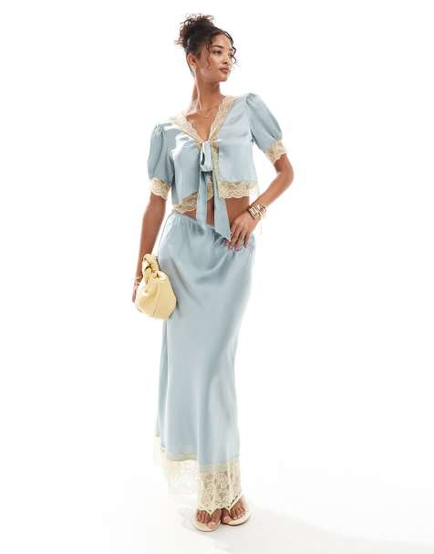ASOS DESIGN satin & lace tie front top co-ord in blue - view 1