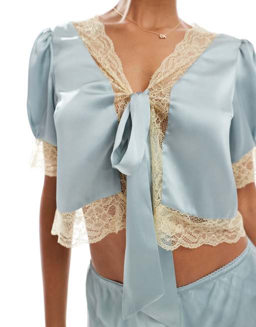 ASOS DESIGN satin & lace tie front top in blue - part of a set