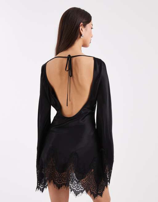 ASOS DESIGN satin lace trim angel sleeve mini dress in black, 3 of 4