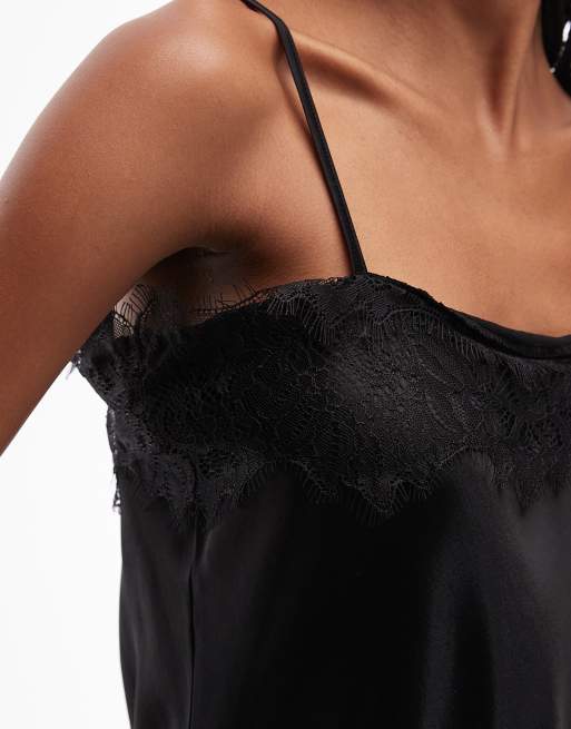 ASOS DESIGN satin lace trim asym cami top in black