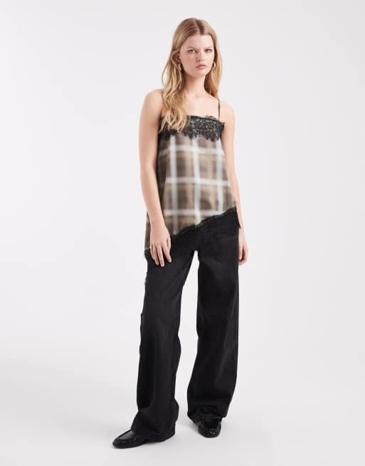 ASOS DESIGN satin lace trim asym cami top in check, 4 of 4