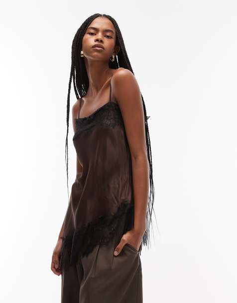 ASOS DESIGN satin lace trim asym cami top in chocolate - view 1