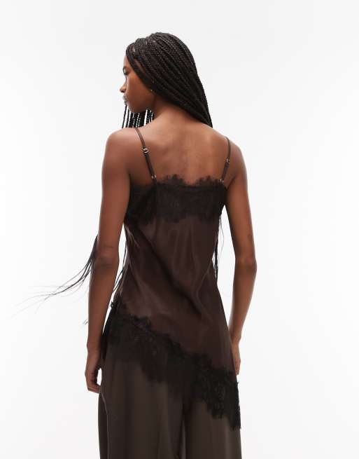 ASOS DESIGN satin lace trim asymmetric cami top in chocolate