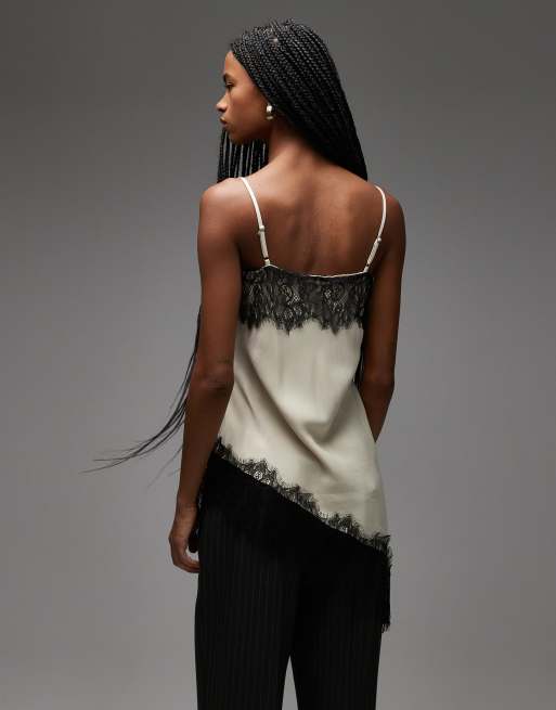 ASOS DESIGN satin lace trim asym cami top in ecru