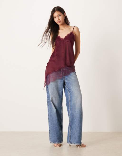 ASOS DESIGN satin lace trim asym hem cami top in plum, 2 of 4