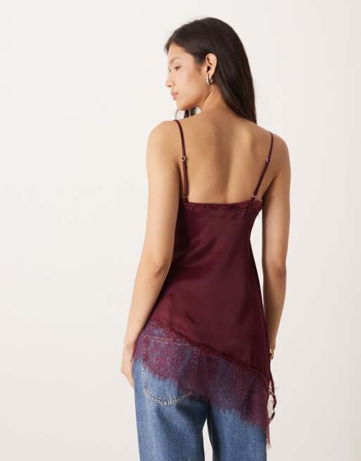 ASOS DESIGN satin lace trim asym hem cami top in plum, 4 of 4